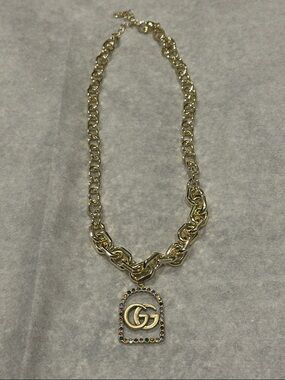 Gold-Tone Unbranded Chain Necklace with Multicolor Crystal Repurposed GG Pendant
